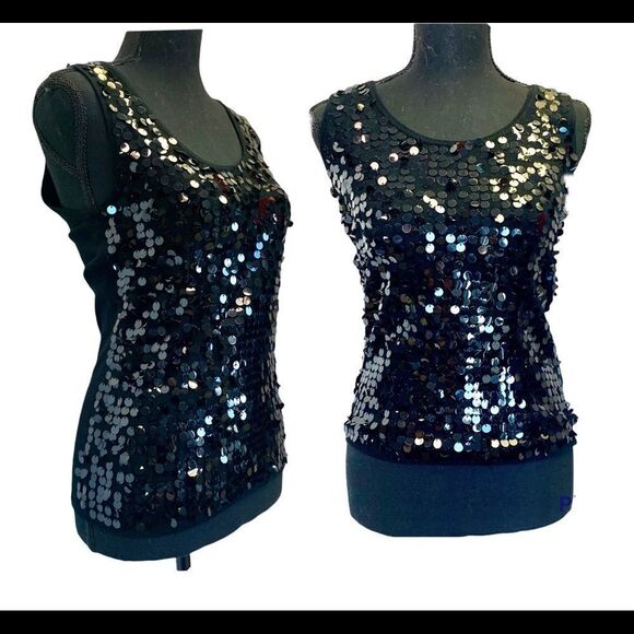 Cleo Black shiny sparkly sequin stretchy knit tank top evening blouse size M - Picture 1 of 11